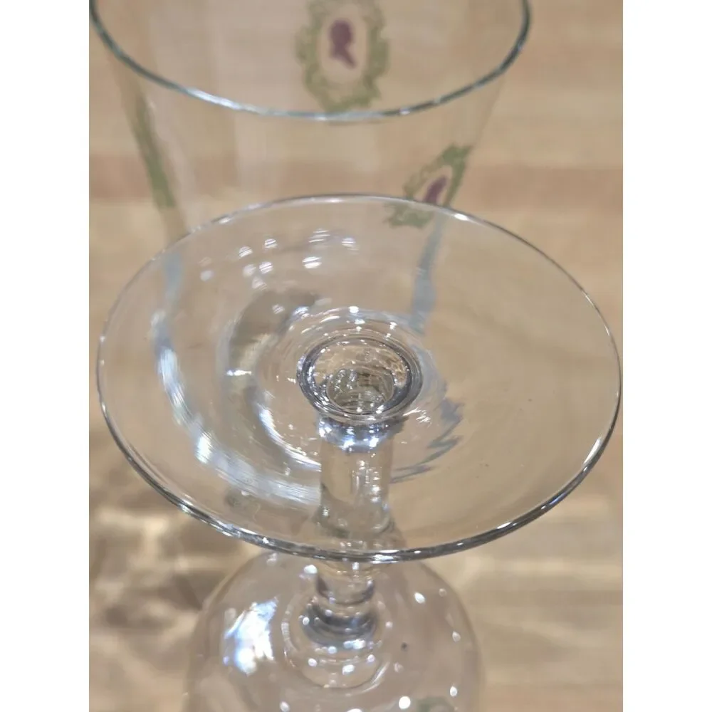 Vintage Cameo Silhouette Water Wine Goblets Set of 4 Green Filigree Clear Glass